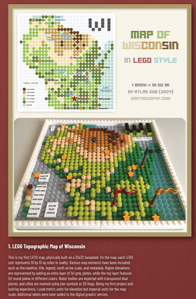 Partial Screenshot: Mini Lego Gallery Poster, with Lego-style map of Wisconsin and description by Atlas Guo